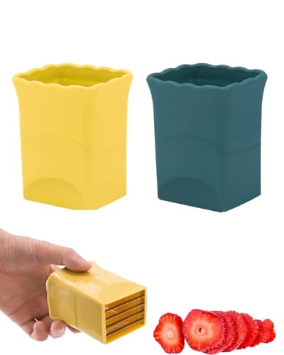 SUBORAWOS Obstschneider, 2 Stück Multifunktional Tassenschneider, Cup Slicer Scheiben Edelstahl Obstschneider für Erdbeere Banane Salatzubereitung Zubereiten Küchenhelfer (Blau & Gelb) von SUBORAWOS