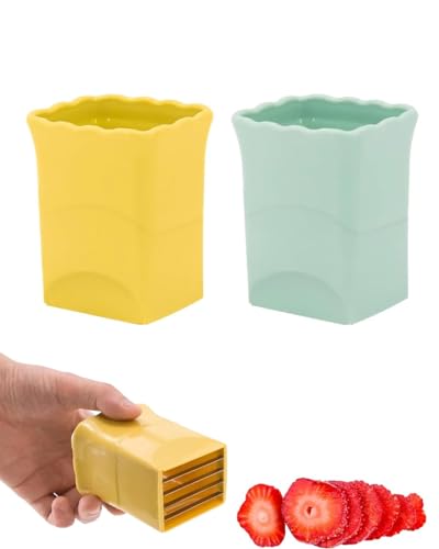 SUBORAWOS Obstschneider, 2 Stück Multifunktional Tassenschneider, Cup Slicer Scheiben Edelstahl Obstschneider für Erdbeere Banane Salatzubereitung Zubereiten Küchenhelfer (Grün & Gelb) von SUBORAWOS