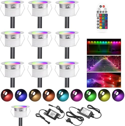 SUBOSI 10er Bluetooth RGB Led Bodeneinbaustrahler Bodenstrahler Bodenleuchten Aussen 0.6W Ø30mm IP67 Wasserdicht LED Terassenbeleuchtungen Terrasse Küche Garten Terrassenbeleuchtung Full Kit von SUBOSI