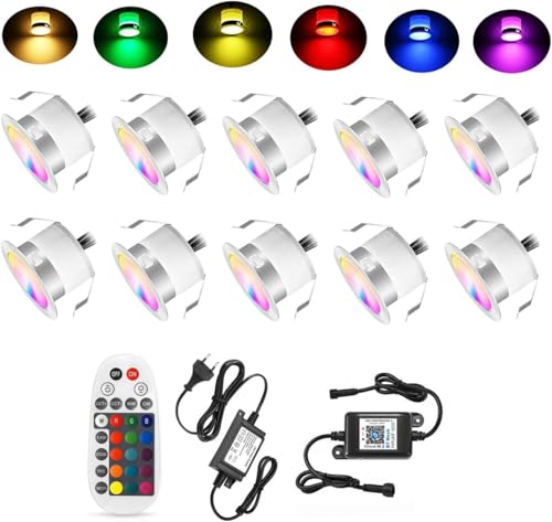 10er Bluetooth RGB Led Bodeneinbaustrahle Aussen 0.6W Ø31mm IP67 Wasserdicht LED Einbaustrahler Terrasse Küche Garten Led LampeFull Kit von SUBOSI