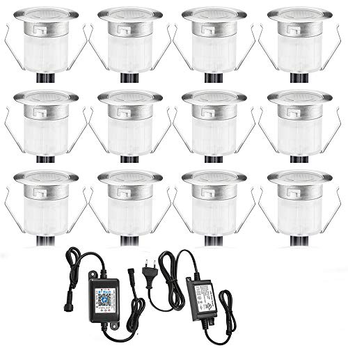 10er Bluetooth Smart Dimmbar 0.6W Warmweiß Kaltes Weiß, Weiß 3 in 1 LED Bodeneinbauleuchten 3000k-6000k Einbaustrahler, Ø30mm IP67 Wasserdicht LED Einbaustrahler Außen, timing function von SUBOSI