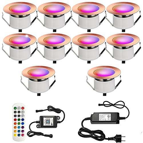 10er LED Bodeneinbauleuchten Arbeitet mit Alexa, Google Home,RGBWW (4 in 1) Ø45mm IP67 Wasserdicht 1.2W LED Einbaustrahler Full Kit Bronze von SUBOSI