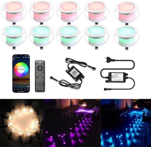10er WIFI LED Bodeneinbaustrahler RGBW+Wärmeweiß Bodenleuchten Bodenstrahler Ø45mm 1.2W Terrassenbeleuchtung Arbeitet mit Alexa,Google Home, IP67 Wasserdicht LED Spot 12v von SUBOSI
