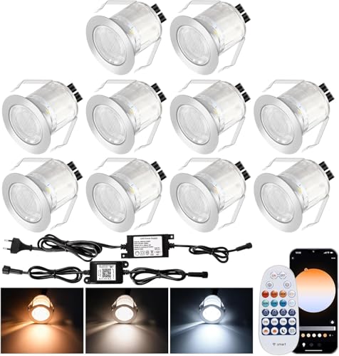 10er WIFI Smart Dimmbar 1W Warmweiß Kaltes Weiß, Weiß 3 in 1 3000k-6000k LED Bodeneinbauleuchten 0.6W Arbeitet mit Alexa, Google Home, Ø31mm IP67 Wasserdicht, Timing function,mit Fernbedienung von SUBOSI