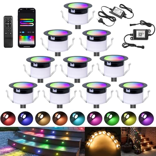 10er WiFi Led Bodeneinbaustrahler RGBIC+Wärmeweiß LED Bodenleuchten Bodenstrahler DC12V Ø31mm Spots Multicolor Chasing Effekt Terrassenbeleuchtung Arbeitet mit Alexa, Google Home,IP67 Wasserdicht von SUBOSI