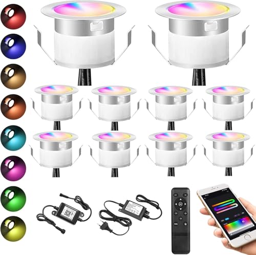 10er WiFi intelligent RGBIC Dreamcolor LED Bodeneinbauleuchten Multicolor Chasing Effekt Terrassenbeleuchtung Arbeitet mit Alexa, Google Home,DC12V Ø31mm IP67 Wasserdicht LED Einbaustrahler Terrassen von SUBOSI