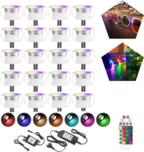 SUBOSI 20er Bluetooth RGB Led Bodeneinbaustrahle Aussen 0.6W Ø30mm IP67 Wasserdicht LED Einbaustrahler Terrasse Küche Garten Led Lampe Full Kit von SUBOSI