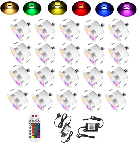 SUBOSI 20er Bluetooth RGB Led Bodeneinbaustrahle Aussen 0.6W Ø31mm IP67 Wasserdicht LED Einbaustrahler Terrasse Küche Garten Led LampeFull Kit von SUBOSI