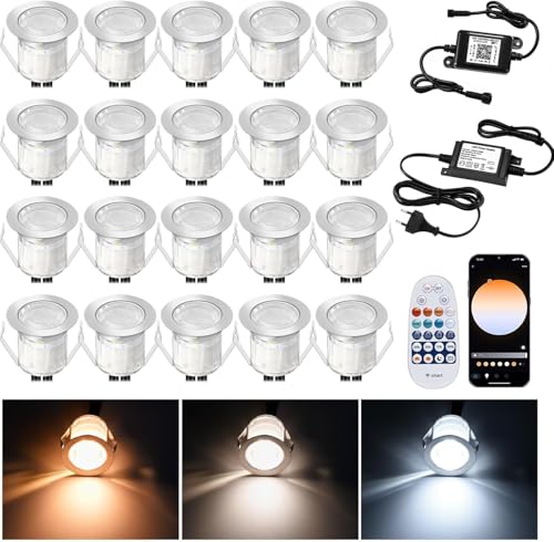 20er WIFI Smart Dimmbar 1W Warmweiß Kaltes Weiß, Weiß 3 in 1 3000k-6000k LED Bodeneinbauleuchten 0.6W Arbeitet mit Alexa, Google Home, Ø31mm IP67 Wasserdicht, Timing function,mit Fernbedienung von SUBOSI