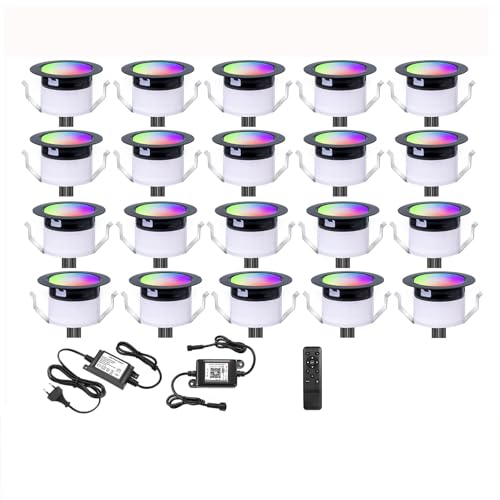 20er WiFi Led Bodeneinbaustrahler RGBIC+Wärmeweiß LED Bodenleuchten Bodenstrahler DC12V Ø31mm Spots Multicolor Chasing Effekt Terrassenbeleuchtung Arbeitet mit Alexa, Google Home,IP67 Wasserdicht von SUBOSI
