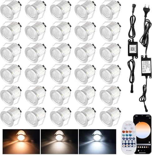 SUBOSI 30er WIFI Smart Dimmbar 1W Warmweiß Kaltes Weiß, Weiß 3 in 1 3000k-6000k LED Bodeneinbauleuchten 0.6W Arbeitet mit Alexa, Google Home, Ø31mm IP67 Wasserdicht, Timing function,mit Fernbedienung von SUBOSI