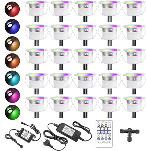 30er WiFi Bluetooth Dynamische Farben LED Bodeneinbauleuchten Multicolor Chasing Effekt Terrassenbeleuchtung Arbeitet mit Alexa, Google Home,DC12V Ø31mm IP67 Wasserdicht LED Einbaustrahler von SUBOSI