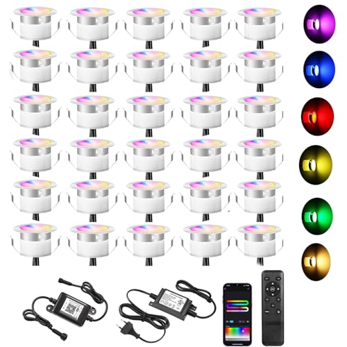 30er WiFi Intelligent RGB+IC Dreamcolor LED Bodenstrahler Spots Multicolor Chasing Effekt Terrassenbeleuchtung Arbeitet mit Alexa, Google Home,DC12V Ø31mm IP67 Wasserdicht LED Einbaustrahler von SUBOSI