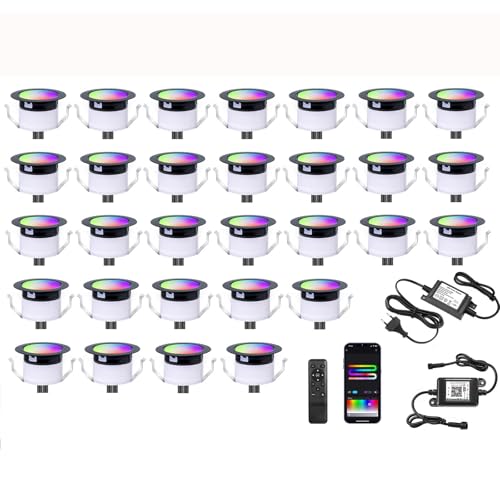30er WiFi Led Bodeneinbaustrahler RGBIC+Wärmeweiß LED Bodenleuchten Bodenstrahler DC12V Ø31mm Spots Multicolor Chasing Effekt Terrassenbeleuchtung Arbeitet mit Alexa, Google Home,IP67 Wasserdicht von SUBOSI