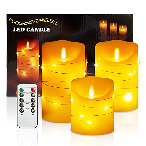 3er Warmweiß Led Kerzen mit Timerfunktion,Led Kerzen Flackernde Flamme,Echtes Wachs Led Teelichter set(4" 5" 6"),Led Teelichter mit eingebetteter Lichterkette und 10 Tasten Fernbedienung von SUBOSI