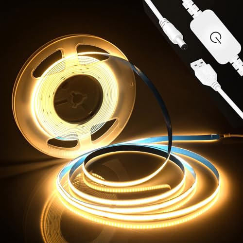 SUBOSI 5V USB COB LED Streifen Warmweiß 3000K,2M/640LEDs Dimmbar LED Strip Lights mit Dimmer,CRI90+,Flexibel Lichtstreifen für TV Hintergrundbeleuchtung,Spiegel, Schrank von SUBOSI