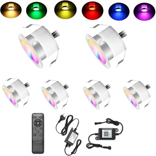 6er Bluetooth RGB Led Bodeneinbaustrahle Aussen 0.6W Ø31mm IP67 Wasserdicht LED Einbaustrahler Terrasse Küche Garten Led LampeFull Kit von SUBOSI