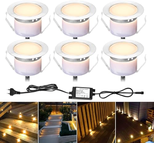 6er Set Led Bodeneinbaustrahler Bodenleuchten Bodenstrahler Aussen DC12V 1W Ø45mm IP67 Wasserdicht LED Terassenbeleuchtungen Einbaustrahler Terrasse Küche Garten Einbauspots Warmes Weiß von SUBOSI