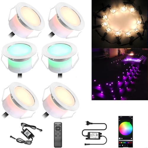 6er WIFI RGBWW LED Bodeneinbauleuchten Arbeitet mit Alexa, Google Home,RGBWW (4 in 1) Ø45mm IP67 Wasserdicht 1.2W LED Einbaustrahler Full Kit von SUBOSI