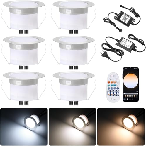 6er WIFI Smart Dimmbar 3000k-6000k Einbaustrahler 1W Bodeneinbauleuchten Arbeitet mit Alexa, Google Home, Ø45mm IP67 Wasserdicht LED Einbaustrahler Außen, timing function,mit Fernbedienung von SUBOSI
