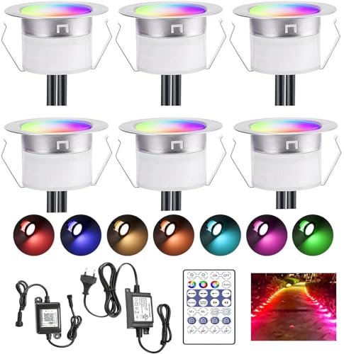 6er WiFi Bluetooth Dreamcolor LED Bodeneinbauleuchten Multicolor Chasing Effekt 0.5W Terrassenbeleuchtung Arbeitet mit Alexa, Google Home,DC12V Ø45mm IP67 Wasserdicht LED Einbaustrahler Terrassen von SUBOSI