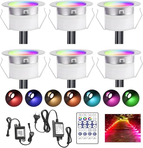 SUBOSI 6er WiFi Bluetooth Dynamische Farben LED Bodeneinbauleuchten Multicolor Chasing Effekt 0.5W Terrassenbeleuchtung Arbeitet mit Alexa, Google Home,DC12V Ø45mm IP67 Wasserdicht von SUBOSI