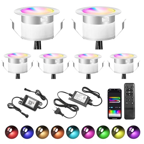 6er WiFi Intelligent RGB+IC Dreamcolor LED Bodenstrahler Spots Multicolor Chasing Effekt Terrassenbeleuchtung Arbeitet mit Alexa, Google Home,DC12V Ø31mm IP67 Wasserdicht LED Einbaustrahler von SUBOSI