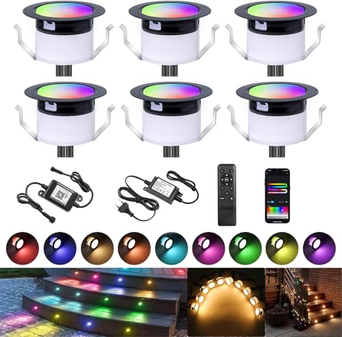 6er WiFi Led Bodeneinbaustrahler RGBIC+Wärmeweiß LED Bodenleuchten Bodenstrahler DC12V Ø31mm Spots Multicolor Chasing Effekt Terrassenbeleuchtung Arbeitet mit Alexa, Google Home,IP67 Wasserdicht von SUBOSI