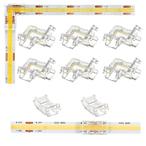 8 Stück COB Warm Weiß LED Streifen Verbinder Ecke,10mm 2Pin LED Stripe Eckverbinder,6 Stück L- Form,2 Transparente Mittelverbinder LED Strip Schnellverbinder Verbinder für LED Streifen 5V 12V 24V von SUBOSI