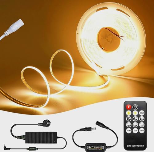 SUBOSI 10M COB Warmweiss LED Streifen Licht Strip Lichterkette 320LEDs/M 3200LEDs 24V Dimmbar Verformbar LED Licht mit Dimmer und Netzteil,LED Strip Warmweiss Band Lichtleiste Warmweiß von SUBOSI