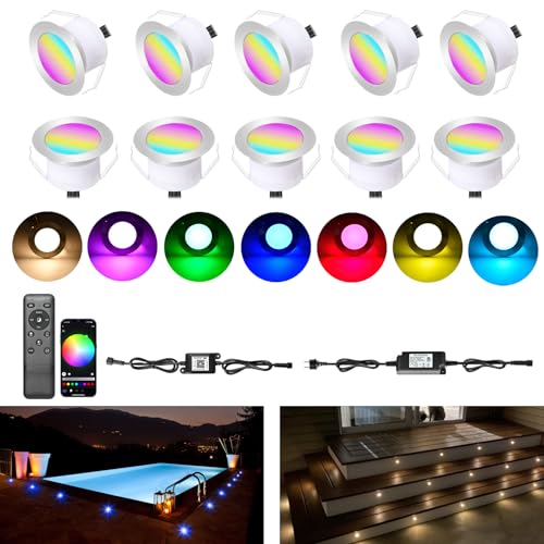 SUBOSI 10er Wifi RGBW Terassenbeleuchtungen Bodeneinbaustrahler aussen Arbeitet mit Alexa, DC12V Ø61mm 1.5W Große Größe Led bodenleuchten Einbaustrahler Boden Spots außenbereich von SUBOSI