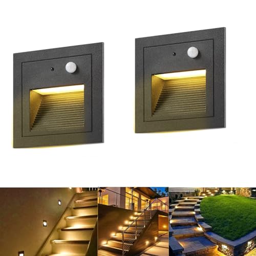 SUBOSI 2er LED Treppenlicht Wandeinbauleuchte Aluminium 3W 230V Warmweiß Treppenbeleuchtung außen mit Bewegungsmelder,Wandleuchte Stufenlicht IP65 Wasserdicht von SUBOSI
