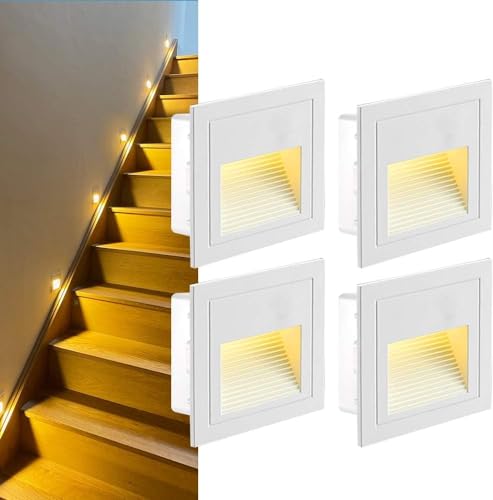 SUBOSI 4er LED Treppenlicht LED Wandeinbauleuchte Aluminium 230V 3W Glas Wandleuchten Treppenbeleuchtung mit Unterputzdose Treppenlicht Wandleuchte IP65 Wasserdicht Warmweiß von SUBOSI