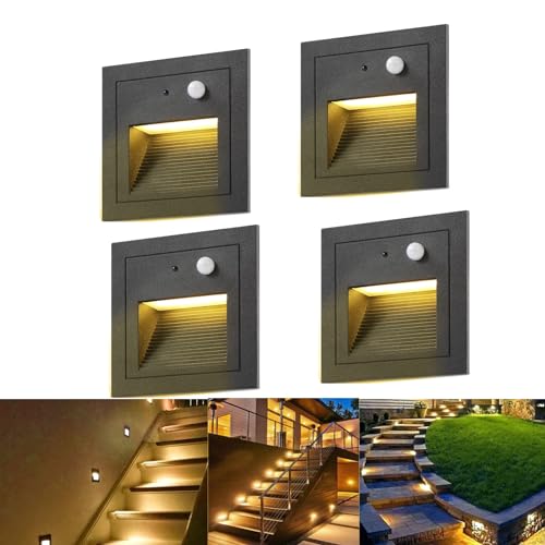 SUBOSI 4er LED Treppenlicht Wandeinbauleuchte Aluminium 3W 230V Warmweiß Treppenbeleuchtung außen mit Bewegungsmelder,Wandleuchte Stufenlicht IP65 Wasserdicht von SUBOSI