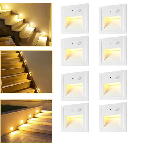 SUBOSI 8er LED Treppenlicht Wandeinbauleuchte Aluminium 3W 230V Warmweiß Treppenbeleuchtung außen mit Bewegungsmelder,Wandleuchte Stufenlicht IP65 Wasserdicht von SUBOSI