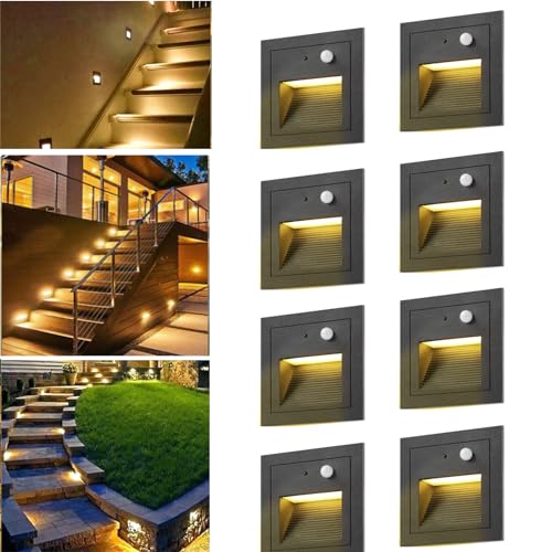 SUBOSI 8er LED Treppenlicht Wandeinbauleuchte Aluminium 3W 230V Warmweiß Treppenbeleuchtung außen mit Bewegungsmelder,Wandleuchte Stufenlicht IP65 Wasserdicht von SUBOSI
