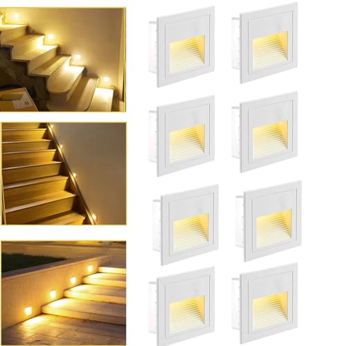 SUBOSI LED Treppenlicht Aluminium 230V 3W Glas Wandleuchten Treppenlicht mit Unterputzdose Treppenlicht Wandleuchte IP65 wasserdicht warmweiß,8 Stück von SUBOSI