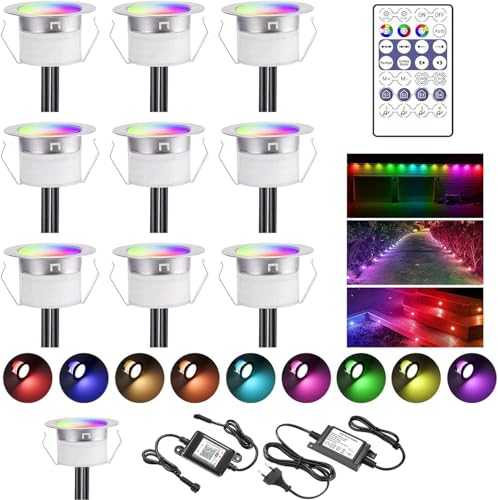 10er WiFi Bluetooth Dynamische Farben LED Bodeneinbauleuchten Multicolor Chasing Effekt Terrassenbeleuchtung Arbeitet mit Alexa, Google Home,DC12V Ø45mm IP67 Wasserdicht LED Einbaustrahler Terrassen von SUBOSI