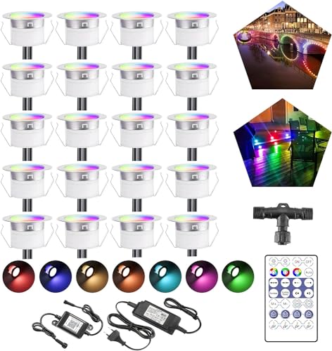 20er WiFi Bluetooth Dreamcolor LED Bodeneinbauleuchten Multicolor Chasing Effekt Terrassenbeleuchtung Arbeitet mit Alexa, Google Home,DC12V Ø45mm IP67 Wasserdicht LED Einbaustrahler von SUBOSI