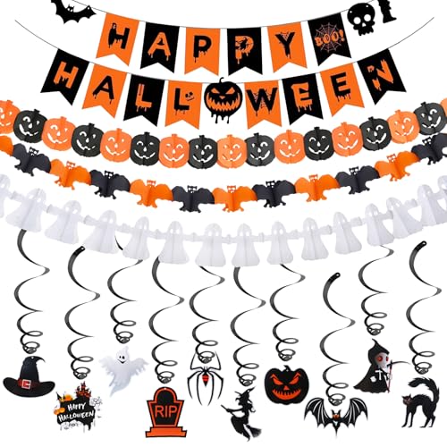 Halloween Deko Set, Happy Halloween Girlande Dekoration, Halloweenn Deko Outdoor Innen, Kinder Party Set zum Aufhängen mit Banner Kurbissen Geist Schläger Bat Hängedeko von SUBRINGE