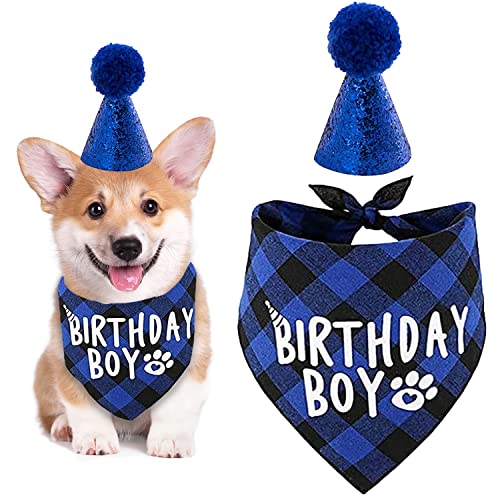 Hunde-Geburtstags-Bandana, Haustier-Geburtstagsparty-Zubehör, Baumwoll-Dreieck, Jungen-Hundeschal mit süßem Hunde-Geburtstagshut für kleine, mittelgroße Hunde, Katzen, Kostüme, Kopfbedeckung (blau) von SUBTAVIK