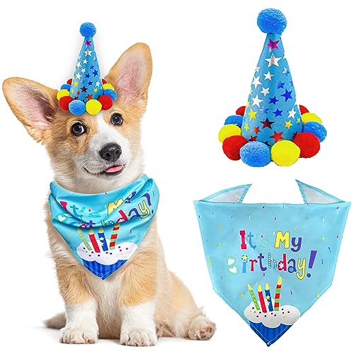 Hunde-Geburtstags-Bandana-Set, Hunde-Geburtstags-Junge-Bandana mit süßem Hunde-Geburtstagsparty-Hut, dreieckiger Hundeschal für Haustier-Geburtstagsparty-Dekorationen (blau) von SUBTAVIK