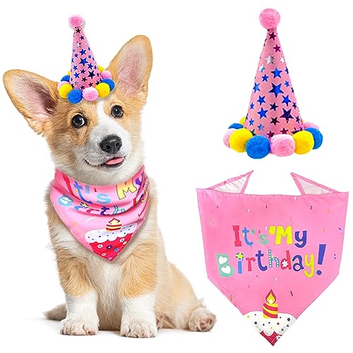 Hunde-Geburtstags-Bandana-Set, Hunde-Geburtstags-Mädchen-Bandana mit süßem Hunde-Geburtstagsparty-Hut, dreieckiger Hundeschal für Haustier-Geburtstagsparty-Dekorationen (Rosa) von SUBTAVIK