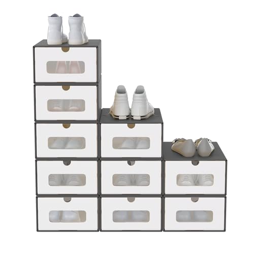 SUBTLETY 10 Stück Schuhboxen Pappkarton Schuhkiste mit Sichtfenster Klappbare Schuhschachtel aus Kraftpapier Stapelbar Schuhkarton Aufbewahrungsbox Schuhschlitze für Schuhe bis zu Größe 46 (Schwarz) von SUBTLETY
