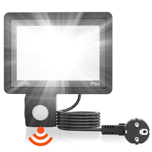 SUBTLETY 100W Außen Sicherheitsbeleuchtung mit Bewegungsmelder Sensor LED Strahler IP66 Aluminium Baustrahler Superhelle Scheinwerfer Fluter Außenlampe für Garten Garage Gehwege (Kaltweiß mit Stecker) von SUBTLETY