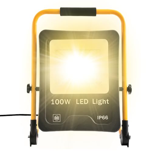 SUBTLETY 100W LED Baustrahler Baustellen Arbeitsstrahler mit 3m Netzkabel & U-Form Stativ Strahler für Arbeitsbeleuchtung IP66 Wasserdicht Fluter Arbeitsleuchte für Innen- & Außenbereich (Warmweiß) von SUBTLETY