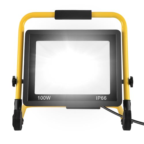SUBTLETY 100W LED Baustrahler Baustellen Arbeitsstrahler mit 3m Netzkabel & U-Form Stativ Strahler für Arbeitsbeleuchtung IP66 Wasserdicht Fluter Arbeitsscheinwerfer für Garage Garten (Kaltweiß) von SUBTLETY