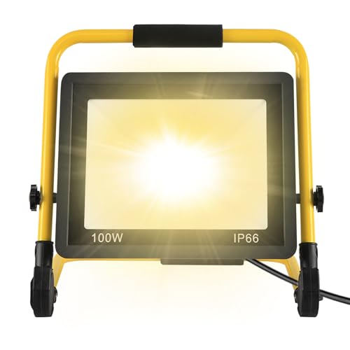 SUBTLETY 100W LED Baustrahler Baustellen Arbeitsstrahler mit 3m Netzkabel & U-Form Stativ Strahler für Arbeitsbeleuchtung IP66 Wasserdicht Fluter Arbeitsscheinwerfer für Garage Garten (Warmweiß) von SUBTLETY