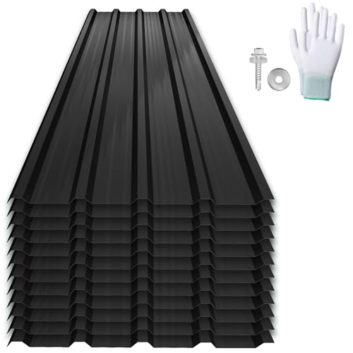 SUBTLETY 12er Wellplatten Verzinkter Stahl Trapezblech Dachblech Set mit inkl. Schrauben und Handschuhe Wetterfest Formblech Profilblech Dachplatten Blechdach für Garagen, Lagerhäuser (Schwarz, Typ A) SUBTLETY 12er Wellplatten Verzinkter Stahl Trapezblech Dachblech Set mit inkl. Schrauben und Handschuhe Wetterfest Formblech Profilblech Dachplatten Blechdach für Garagen, Lagerhäuser (Schwarz, Typ A) von SUBTLETY