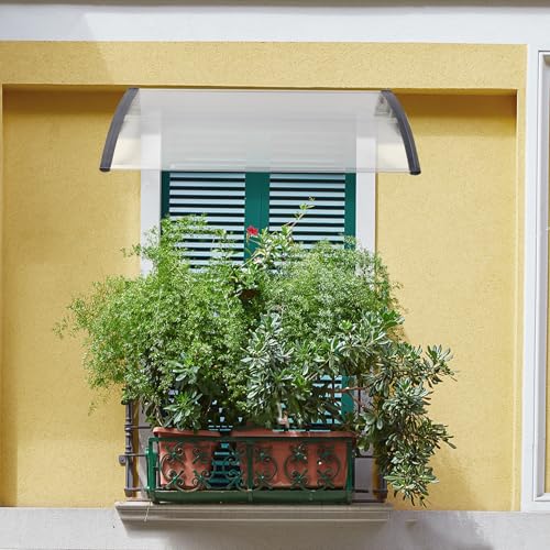 SUBTLETY 150x100cm Polycarbonat Vordach für Haustür Sonnenschutz & Regenschutz Türdach mit Transparent Polycarbonat Überdachung & Grau Rahmen Pultbogenvordach Markisen für Haustür Fenster von SUBTLETY